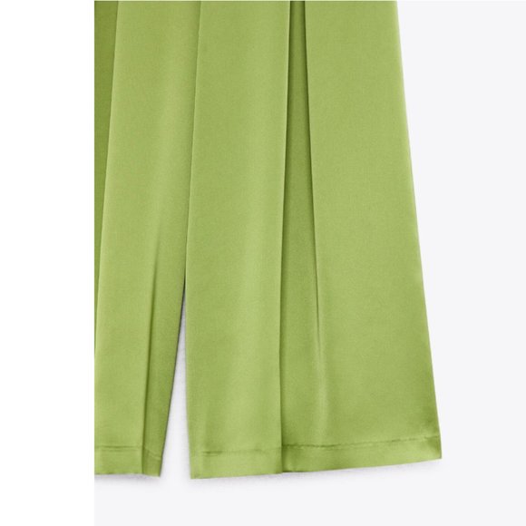 ZARA CREPE PLEATED PALAZZO SATIN EFFECT CITRINE GREEN PANT TROUSERS - Picture 9 of 12